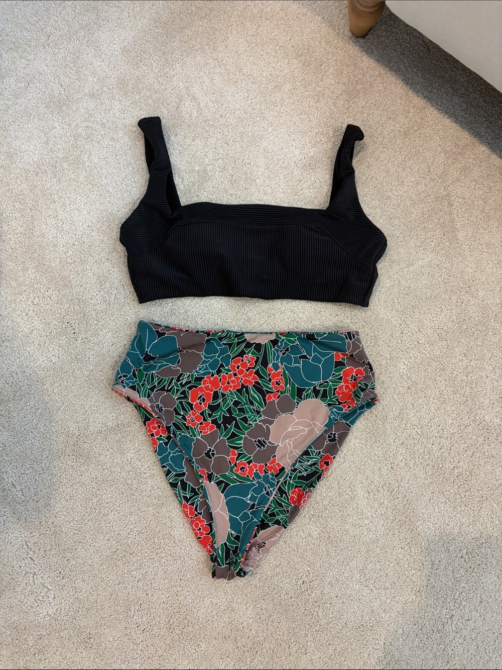 Black Ribbed Bikini Top with High-Waist Floral Bikini Bottom